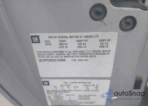 2002 Chevrolet Camaro z USA, uszkodzony, nr VIN 2G1FP22K522154259